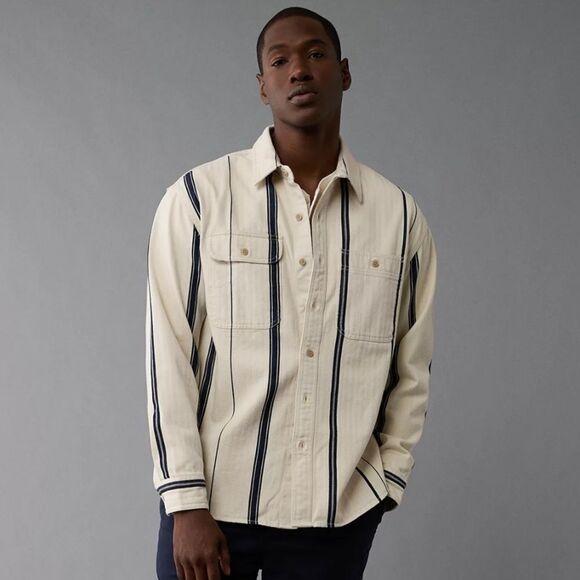 AE Men’s Frosty Cream Striped Cotton Overshirt - Picture 1 of 16